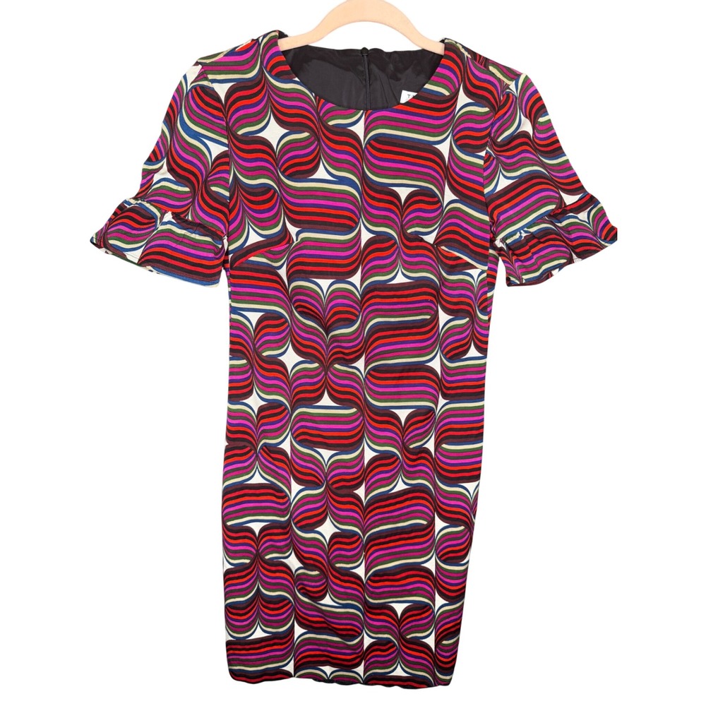 Trina Turk Womens Size 0 Geometric Psychedelic Shift Dress Ruffle Sleeve